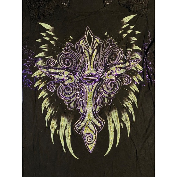 Vintage HARLEY DAVIDSON Lace Back Rhinestone Women's LONG SLEEVE black SMALL - Picture 6 of 15